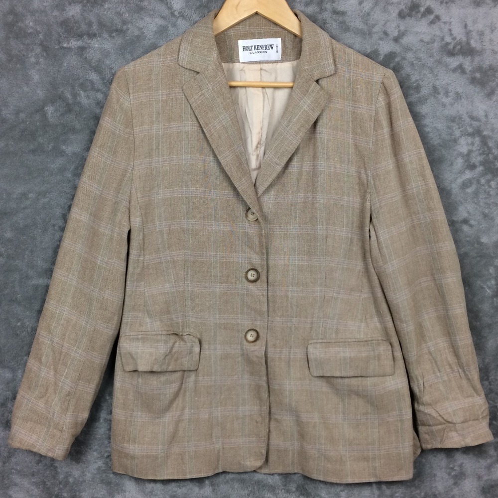 Vtg Holt Renfrew Blazer Womens Medium Viscose Silk Blend Plaid Beige